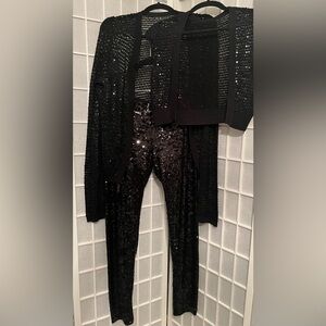 BCBG MAXAZRIA Black Sequin Cardigan, Bolero Shrug and Legging Pants Set